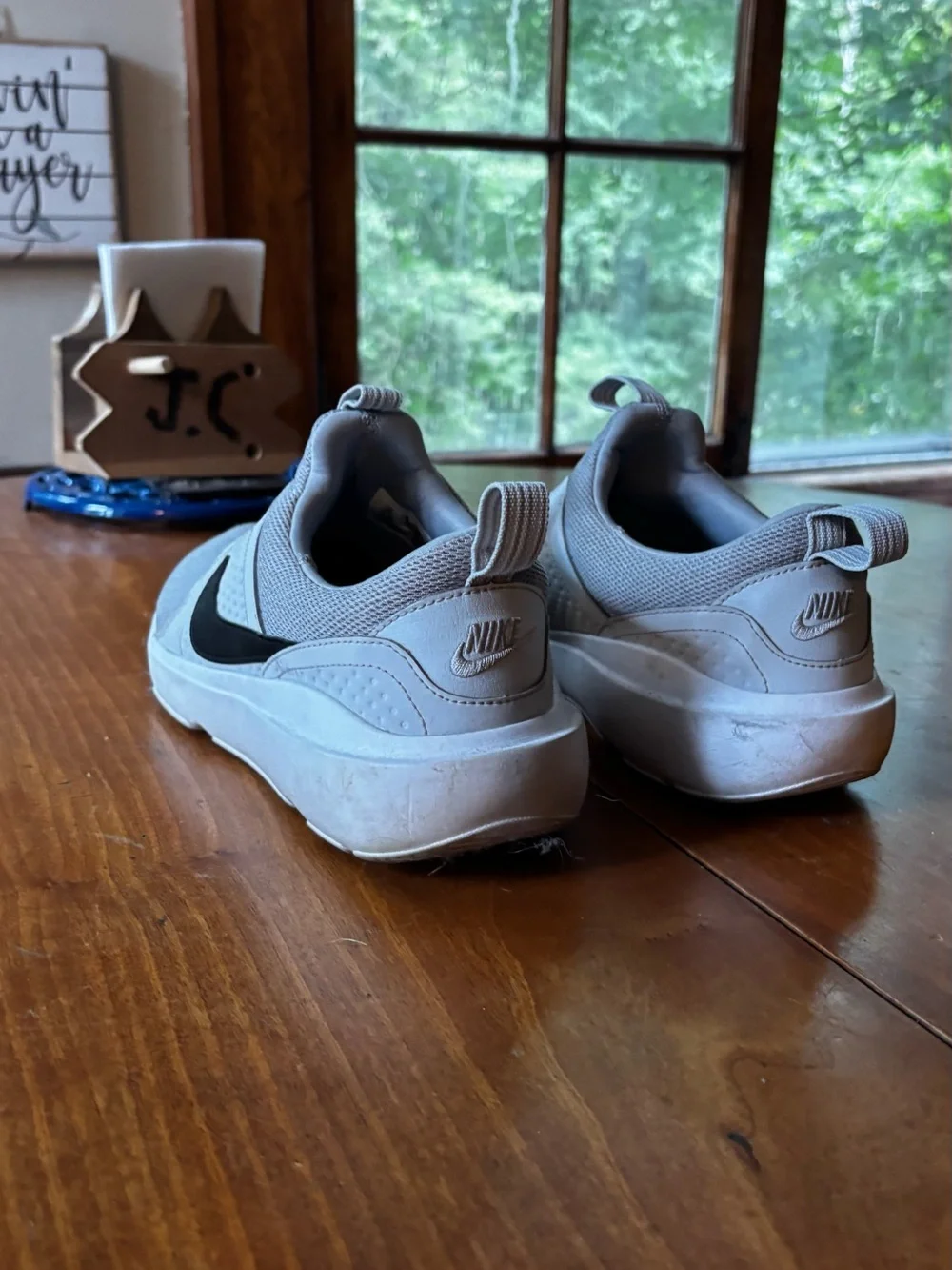 Nike Light Gray/White Slip-On Sneakers with Black Swoosh